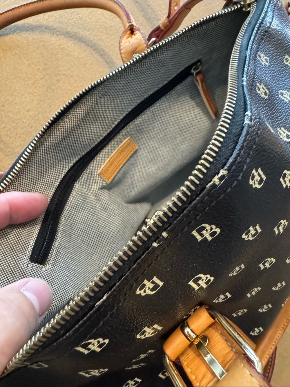 Dooney & Bourke Black Logo Leather Shoulder Bag with Brown Leather Trim - Picture 3 of 5